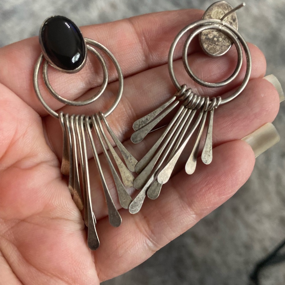 Sterling Silver Dangle Earrings with Black Stone